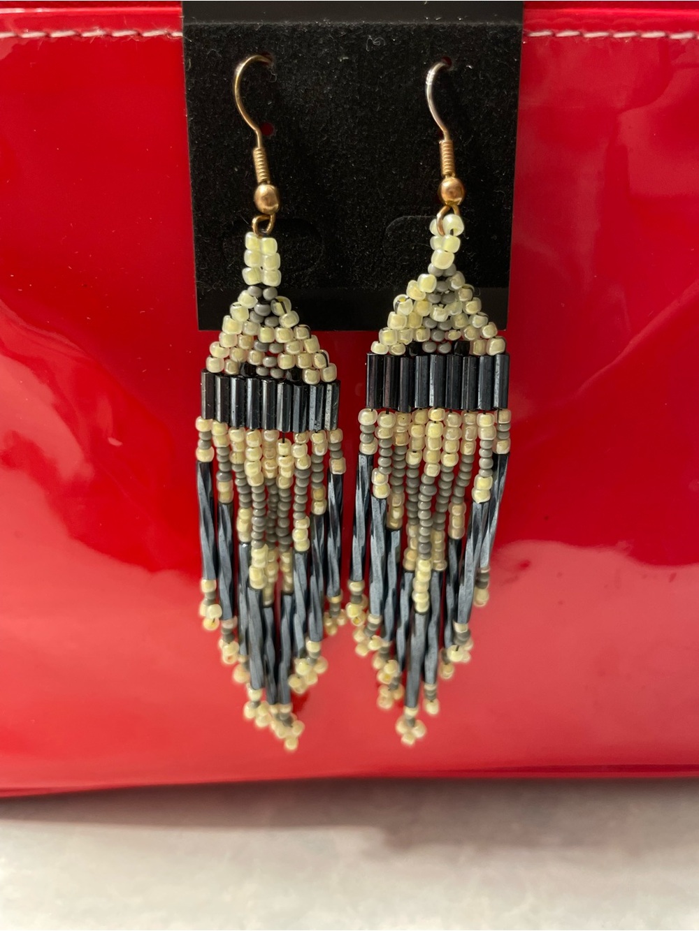 Handmade Blue/Grey and Cream Beaded Tribal Fringe Earrings
